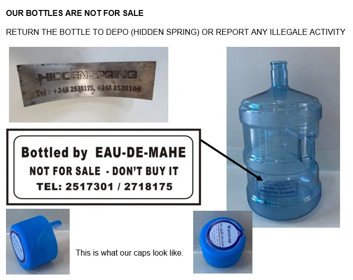 Hidden Spring bottle label: Not for sale, return to depot, contact numbers